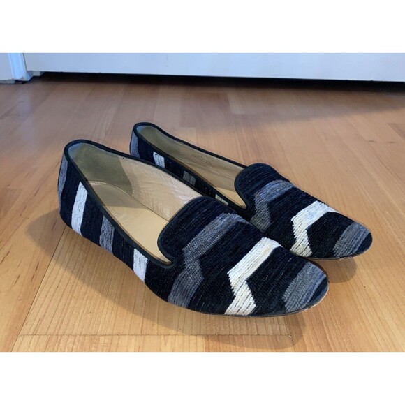 J Crew Black Ivory Grey Striped Chenille Slip On Loafers Casual Flats Shoes- 8.5 - Picture 1 of 9